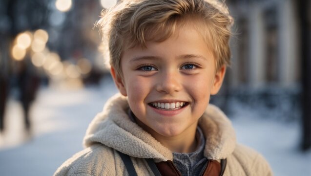 Russian Little Boy Smiling with Whitened Teeth, Bokeh Light Background, Close-Up, Snow White Teeth