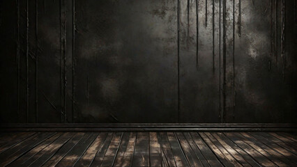 Grunge dark room with wooden floor and black wall background.