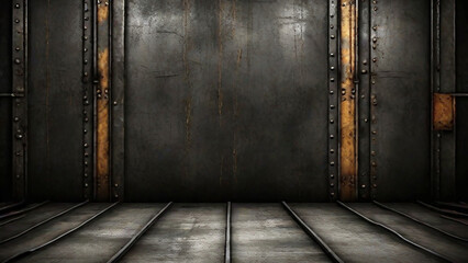 3D rendering of an empty room with a metal wall and floor.