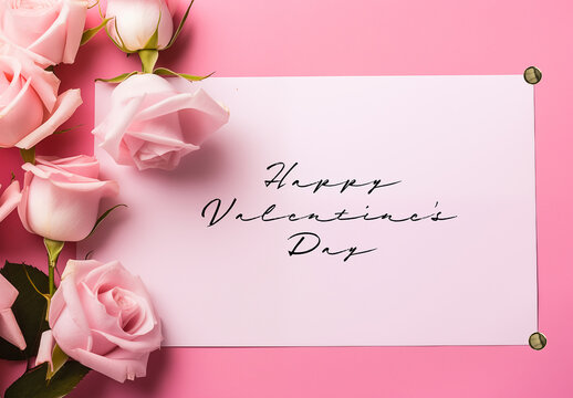 Valentines Background Card Layout With Pink Roses and Decorative Text – Generative ai