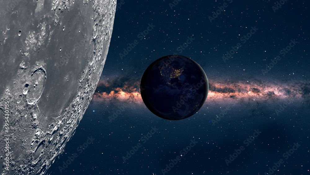 Poster the earth as seen from the surface of the moon milky way galaxy in the background 