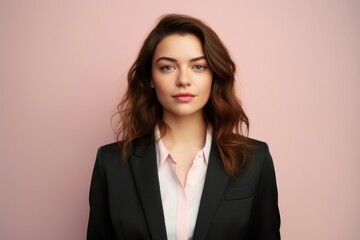 Portrait of a satisfied woman in her 20s wearing a professional suit jacket against a pastel or soft colors background. AI Generation