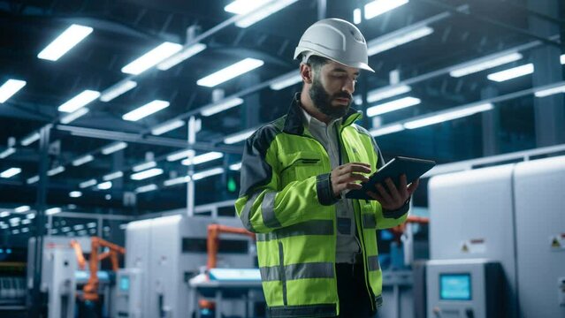 Thoughtful Hispanic Male Engineer Walking with a Tablet Computer, Monitoring Conditions at an Automated Industrial Machinery Assembly Line with Robotic Hands Powered By Artificial Intelligence.