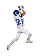 Athletic young football players making amazing plays running with, catching, kicking and throwing the ball during competitive games