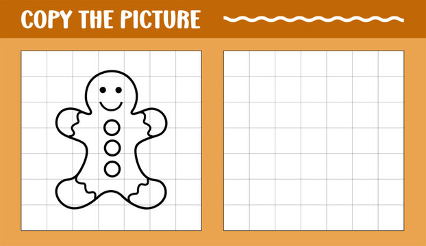 Gingerbread man learn to draw educational game. Copy the picture printable worksheet for kids. Winter drawings