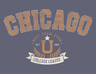 Chicago, vintage college print for t-shirt design. Typography graphics for university or college style tee shirt. Sport apparel print - Chicago. Vector illustration.