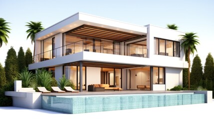 Fototapeta premium 3d rendering of modern house by the river at morning, house, luxury, villa, modern, architecture, building, exterior, residential, property, designer.