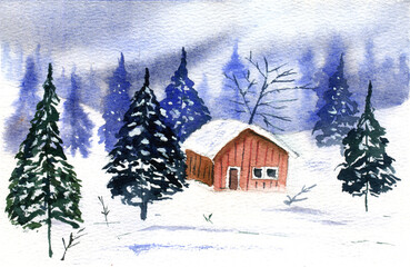 Watercolor illustration with forest, cozy cabin and snow. Hand painted winter landscape.