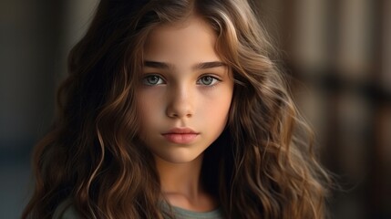 Naklejka premium portrait of a beautiful young caucasian white American model teen girl looking forward. child ad with copy space, children, beauty, pretty