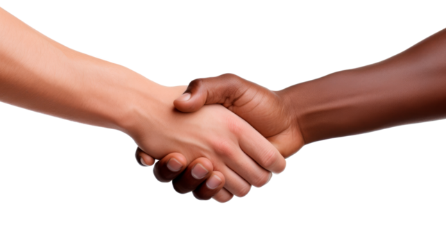 Two men shaking hands isolated on transparent background. AI generated.