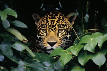  a close - up of a leopard's face peeking out from behind a tree filled with leaves and greenery, with a black background of green foliage and a black background.