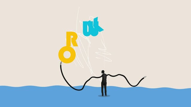 Stop motion. Animation. Work, job, career. Business man with unusual length of hands making a word out of letters looking on it. Back view. Concept of productivity, achievement, success, aim, result