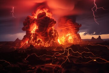  a very large volcano with a lot of lava in the middle of it and a lot of lightning coming out of the top of the top of the volcanos.
