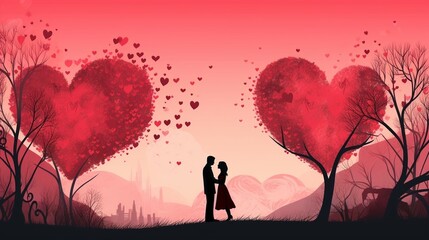 Valentine's day, two lovers under the trees with hearts, romance, dating, card