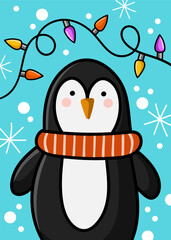 Cute cartoon penguin in scarf with colorful festive lights, on a blue snowy background. Greeting card design, postcard, nursery wall art, poster. Winter cute drawings