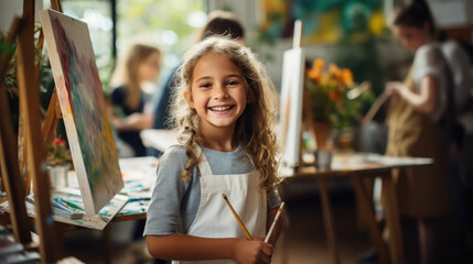 little beautiful girl draws on an easel in an art studio, drawing school, child, childhood, creativity, kid, smiling face, portrait, brush, paints, still life, picture, interior, student, master class