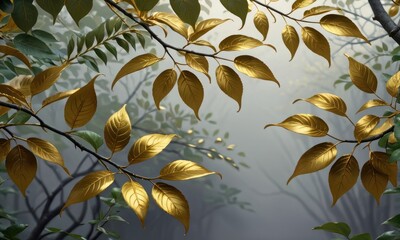 3d golden and green tree branches leaves on gray and gold background, Generative AI
