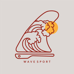 Vector illustration style vintage surfing theme badge design. For t-shirt prints  posters  stickers and other uses.Tropical beach line icon  concept sign  outline vector illustration  linear symbol.