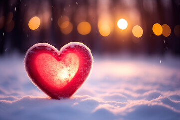 A red heart is placed on the snow and snow falls.Valentine's day and Love composition a place to copy.