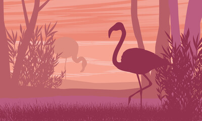 Silhouette of a flamingo on the ocean. Flat vector landscape in pink tones