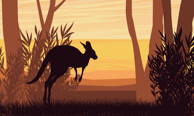 A kangaroo runs along the shore of a lake. Silhouettes of kangaroos and plants in the rays of the setting sun. Realistic flat vector landscape in brown tones
