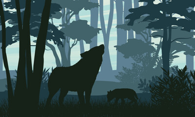 Poster with a silhouette of a gray wolf in the forest. Realistic vector modern landscape