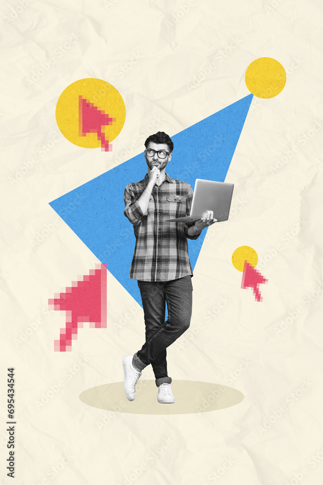 Aufkleber vertical creative photo collage of young man student hold laptop learn work online remotely browsing