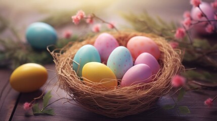 Obraz na płótnie Canvas Easter holiday. Easter basket with eggs