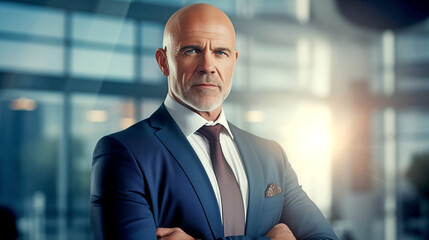 Fototapeta premium CEO - Corporate Boss - Confident Handsome Man - Mature Businessman - Professional Executive Manager Posing on Blurred Office Background