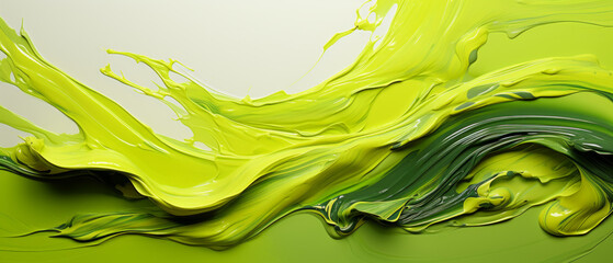 Abstract acid green and yellow acrylic green paint design on canvas, featuring vibrant brush...