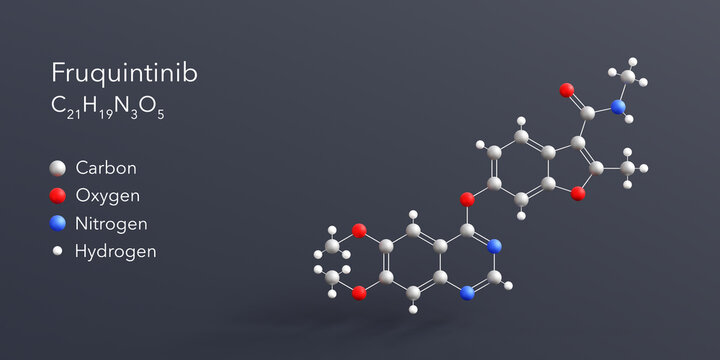 fruquintinib molecule 3d rendering, flat molecular structure with chemical formula and atoms color coding