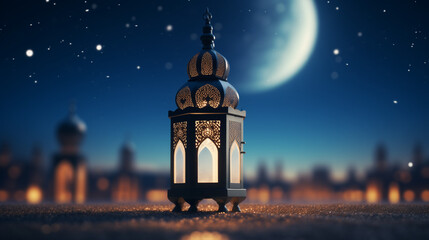 Arabic Lantern In Front Of Biggest Blue Shining Mosque, Ramadan Kareem, Generative Ai