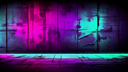 Grunge background with neon lights and brick floor.