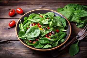 Fresh mixed green salad in bowl on wooden table. Mix salad leaves in a black bowl