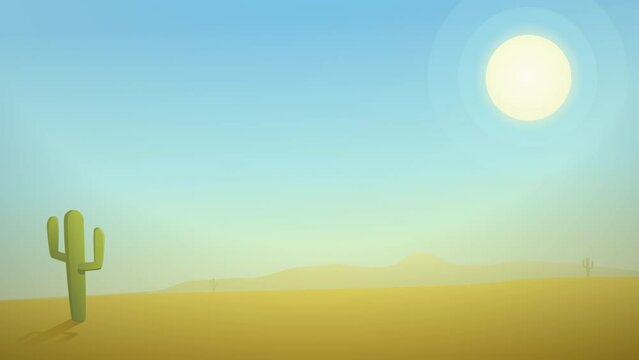 Animation loop of a desert landscape with cacti with blue sky and sun with heat halo