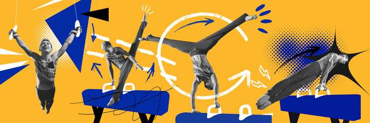 Child, boy, acrobat training, practicing acrobatic stunts over yellow background with abstract...