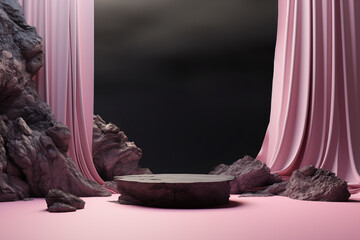 Podium, platform for showing  products. Black background. Purple fabric. Stage  Photography Backdrop. Abstract  vector rendering 3d shape for products display presentation. Studio room. Generati AI