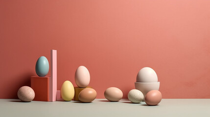 Easter theme abstract background with a lot of copy space of easter eggs against a solid color background