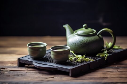 Chinese green teapot and teacups on the wooden trivet. asian tea set. Green tea set