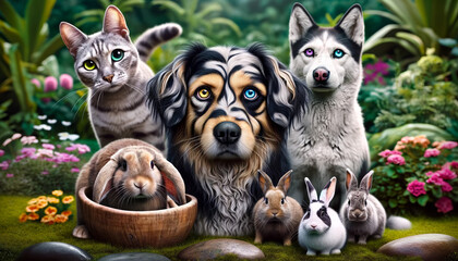 A photo-realistic image of pets with unusual markings or features.