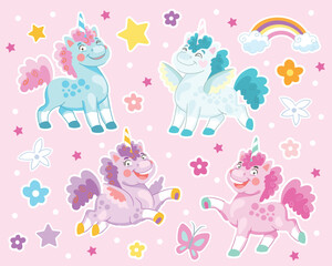 Collection of funny cartoon unicorn on a pink background vector