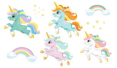 Fototapeta na wymiar Collection of cute running unicorn on a white background vector
