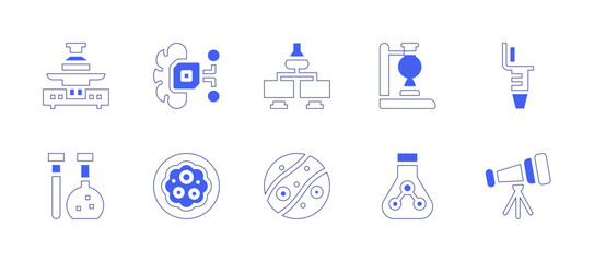 Fototapeta na wymiar Science icon set. Duotone style line stroke and bold. Vector illustration. Containing artificial intelligence, tube, cell, telescope, weight scale, test tube, chemical reaction, sulphite, transfer.