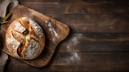 Freshly baked bread on a wooden table with flour. 