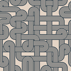 Seamless repeating maze pattern with interlaced striped lines in blue and white. Geometric striped ornament. Abstract background. Vector illustration.