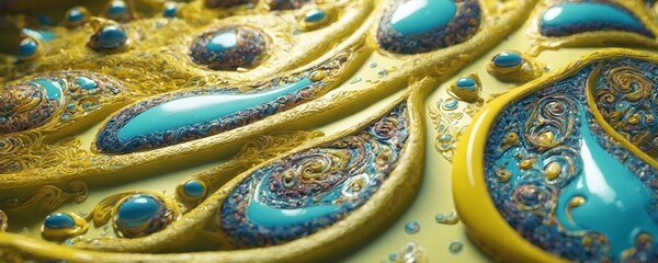 a close up of a blue and gold necklace