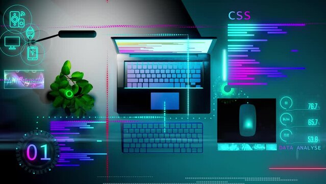 3d render animation of workspace with laptop keyboard and other device. User interface data graphic with stylized programming applicaiton and digital lines glowing around. Modern abstract platform