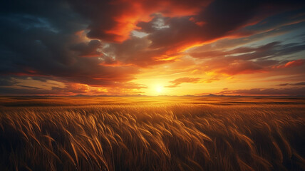 A breathtaking autumn evening, with the sun setting over a field of tall grass, casting warm and vibrant colors on the landscape, captured in HD perfection.
