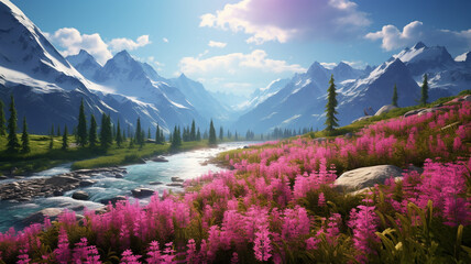 A beautiful summer landscape adorned with vibrant pink Dwarf Fireweed flowers, creating a stunning view captured in high definition by an HD camera.
