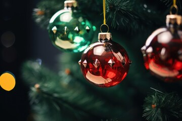  a close up of a christmas tree with three ornaments hanging from it's branches and a blurry background of other ornaments hanging from the tree in the foreground.